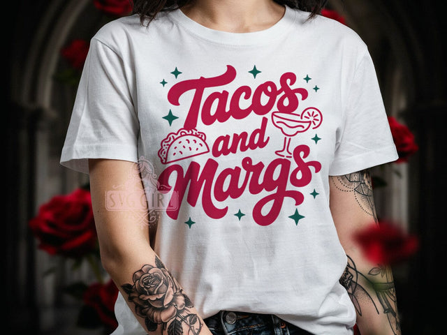 Tacos & Margs Party T-Shirt PNG, Bold Pink Text, Hand Drawn Font, Playful Design, Cheerful Illustration, Skinny Tumbler, Sublimation PNG Sublimation SvggirlplusArt 