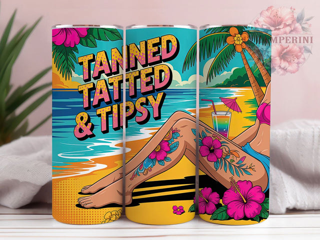Tanned Tatted Tipsy 20oz Tumbler Wrap, Summer Vibes, Party Quote, Beach Life, Funny Drinking, 20oz Tumbler Wrap, Sublimation PNG Sublimation Li Zamperini 