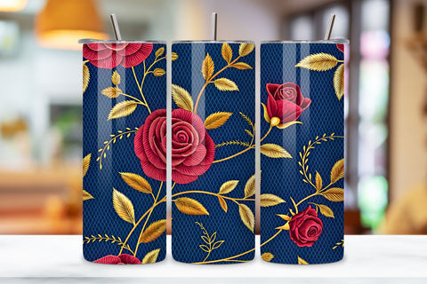 Tapestry Rose Seamless Tumbler Wrap, Burgundy Roses with Gold Thread Details, seamless tumbler wrap, tapestry floral design, burgundy rose wrap, gold thread details, medieval floral pattern Sublimation FloridPrintables 