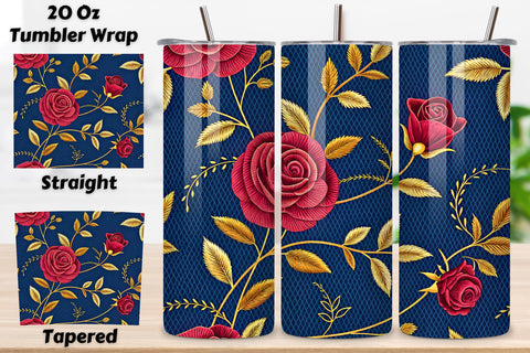 Tapestry Rose Seamless Tumbler Wrap, Burgundy Roses with Gold Thread Details, seamless tumbler wrap, tapestry floral design, burgundy rose wrap, gold thread details, medieval floral pattern Sublimation FloridPrintables 