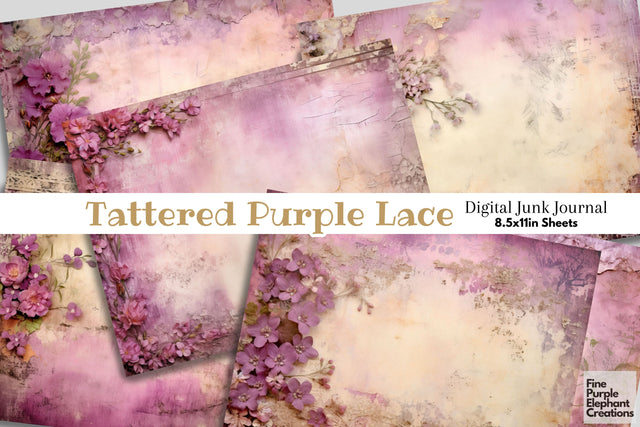 Tattered Purple Lace Digital Junk Journal Double Pages Digital Pattern Fine Purple Elephant Creations 