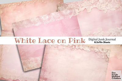 Tattered White Lace on Pink Digital Junk Journal Double Pages Digital Pattern Fine Purple Elephant Creations 