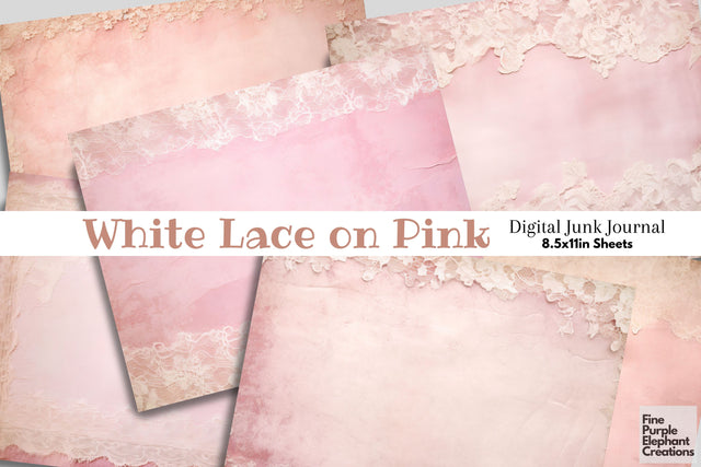 Tattered White Lace on Pink Digital Junk Journal Double Pages Digital Pattern Fine Purple Elephant Creations 