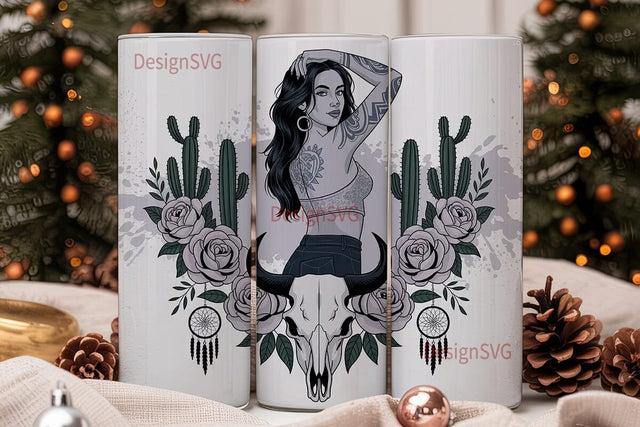 Tattoo Girl & Bull Skull 20oz Tumbler Sublimation DesignSVG 