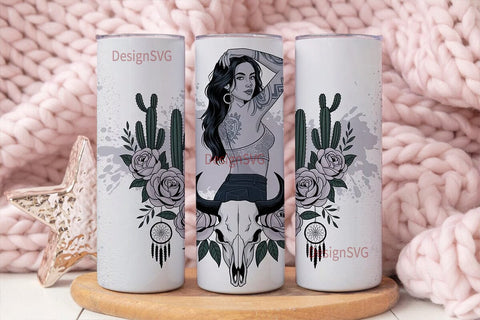 Tattoo Girl & Bull Skull 20oz Tumbler Sublimation DesignSVG 