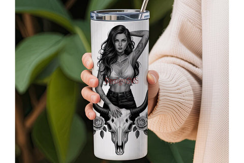 Tattoo Girl & Bull Skull 20oz Tumbler Sublimation DesignSVG 