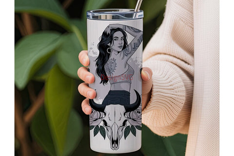 Tattoo Girl & Bull Skull 20oz Tumbler Sublimation DesignSVG 