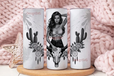 Tattoo Girl & Bull Skull 20oz Tumbler Sublimation DesignSVG 