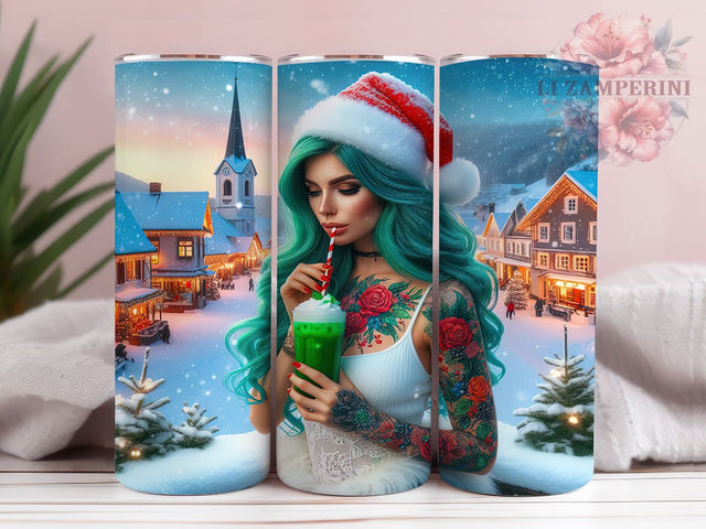 Tattoo Girl Christmas Flowers Tumbler, Tattoo Girl Wrap, Festive Holiday Sublimation Design, Xmas Floral Cup, 20Oz Skinny Tumbler Wrap, Edgy Christmas Mug, Artistic Holiday Design Sublimation Li Zamperini 