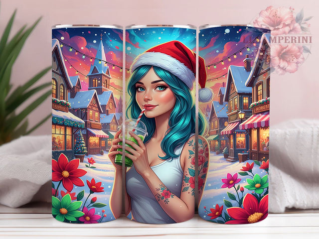Tattoo Girl Christmas Flowers Tumbler, Tattoo Girl Wrap, Festive Holiday Sublimation Design, Xmas Floral Cup, 20Oz Skinny Tumbler Wrap, Edgy Christmas Mug, Artistic Holiday Design Sublimation Li Zamperini 
