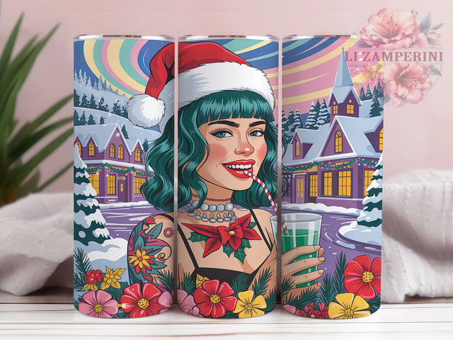 Tattoo Girl Christmas Flowers Tumbler, Tattoo Girl Wrap, Festive Holiday Sublimation Design, Xmas Floral Cup, 20Oz Skinny Tumbler Wrap, Edgy Christmas Mug, Artistic Holiday Design Sublimation Li Zamperini 