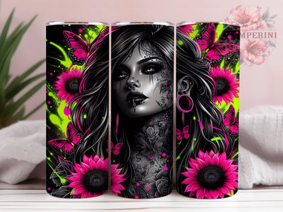 Tattoo Girl Pink Sunflower Tumbler, Pink Sunflower Mug, Floral Ink Design, Boho Tattoo Cup, Feminine Inked Wrap, Artistic Flower Gift, Sublimation Tumbler Wrap Sublimation Li Zamperini 