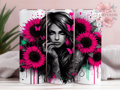 Tattoo Girl Pink Sunflower Tumbler, Pink Sunflower Mug, Floral Ink Design, Boho Tattoo Cup, Feminine Inked Wrap, Artistic Flower Gift, Sublimation Tumbler Wrap Sublimation Li Zamperini 