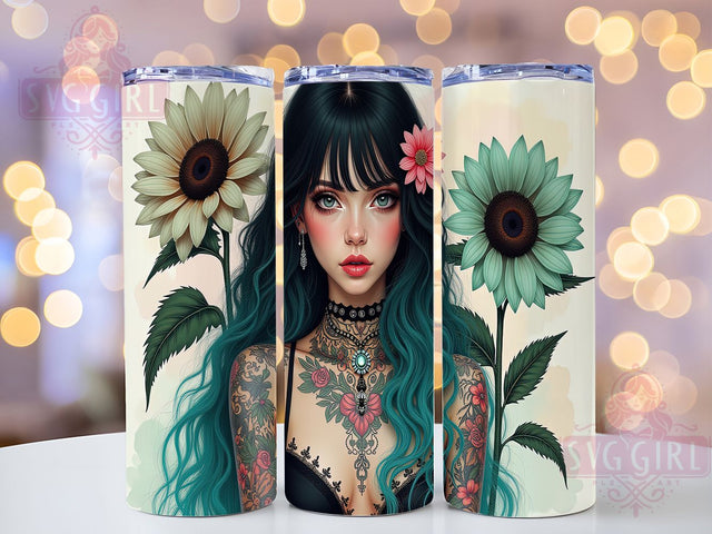 Tattoo Girl Sunflower Boho Tumbler Wrap, Sunflower Wrap, Floral Tattoo Art, Boho Girl Cup, Inked Woman Design, Sunflower Sublimation, Edgy Floral Drinkware Sublimation SvggirlplusArt 
