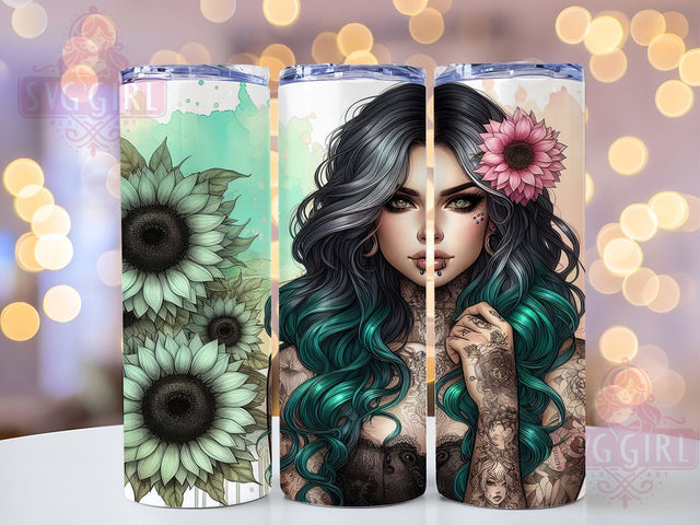 Tattoo Girl Sunflower Boho Tumbler Wrap, Sunflower Wrap, Floral Tattoo Art, Boho Girl Cup, Inked Woman Design, Sunflower Sublimation, Edgy Floral Drinkware Sublimation SvggirlplusArt 