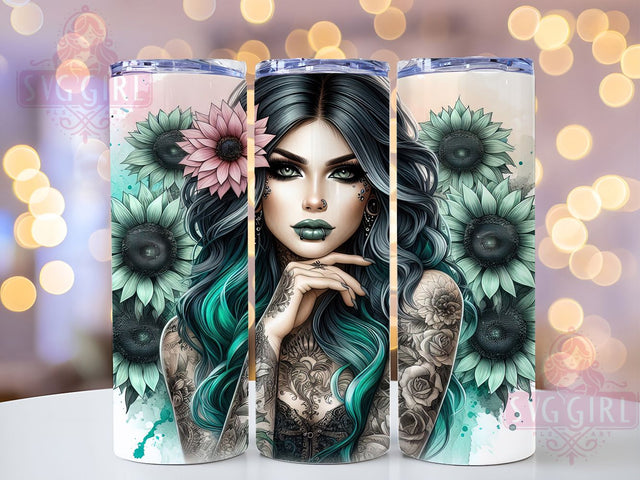 Tattoo Girl Sunflower Boho Tumbler Wrap, Sunflower Wrap, Floral Tattoo Art, Boho Girl Cup, Inked Woman Design, Sunflower Sublimation, Edgy Floral Drinkware Sublimation SvggirlplusArt 
