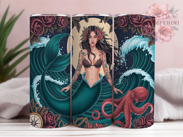 Tattoo Ocean Fantasy Mermaid Tumbler, Ocean Tumbler Wrap, 20oz Sublimation, Tattoo Mermaid Cup, Sea Lover Gift, Nautical Drinkware, Fantasy Mermaid Design Sublimation Li Zamperini 