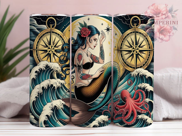 Tattoo Ocean Fantasy Mermaid Tumbler, Ocean Tumbler Wrap, 20oz Sublimation, Tattoo Mermaid Cup, Sea Lover Gift, Nautical Drinkware, Fantasy Mermaid Design Sublimation Li Zamperini 