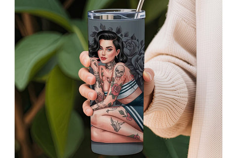Tattooed Pin-Up Girl 20oz Tumbler Wrap Sublimation DesignSVG 