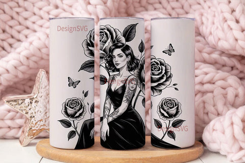 Tattooed Woman & Roses 20oz Tumbler Wrap Sublimation DesignSVG 