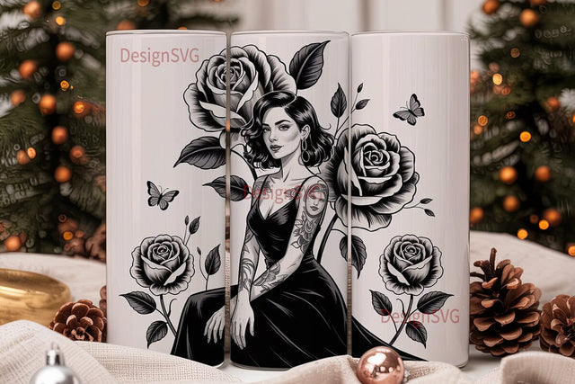 Tattooed Woman & Roses 20oz Tumbler Wrap Sublimation DesignSVG 