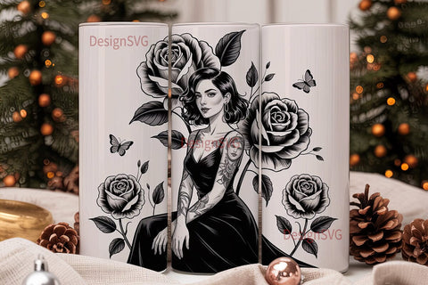 Tattooed Woman & Roses 20oz Tumbler Wrap Sublimation DesignSVG 