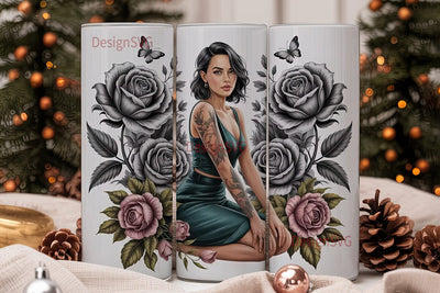 Tattooed Woman & Roses 20oz Tumbler Wrap Sublimation DesignSVG 