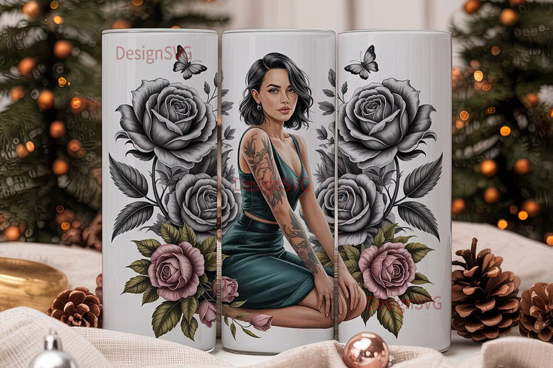 Tattooed Woman & Roses 20oz Tumbler Wrap Sublimation DesignSVG 