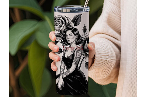 Tattooed Woman & Roses 20oz Tumbler Wrap Sublimation DesignSVG 