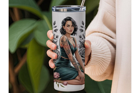 Tattooed Woman & Roses 20oz Tumbler Wrap Sublimation DesignSVG 