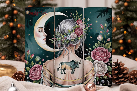 Taurus Floral Moon Goddess Tumbler Wrap Sublimation DesignSVG 