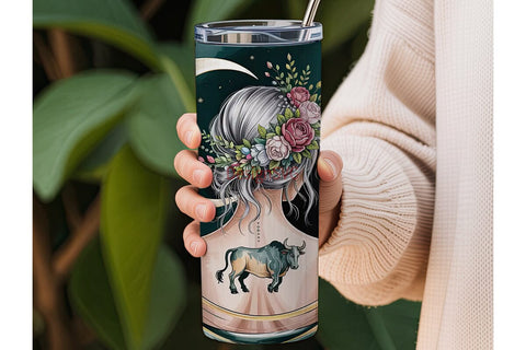 Taurus Floral Moon Goddess Tumbler Wrap Sublimation DesignSVG 