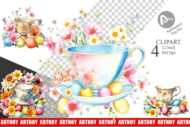 Tea Cup Easter Eggs Clipart Sublimation artnoy 