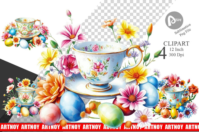 Tea Cup Easter Eggs Clipart Sublimation artnoy 