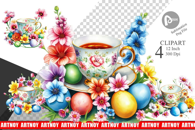 Tea Cup Easter Eggs Clipart Sublimation artnoy 