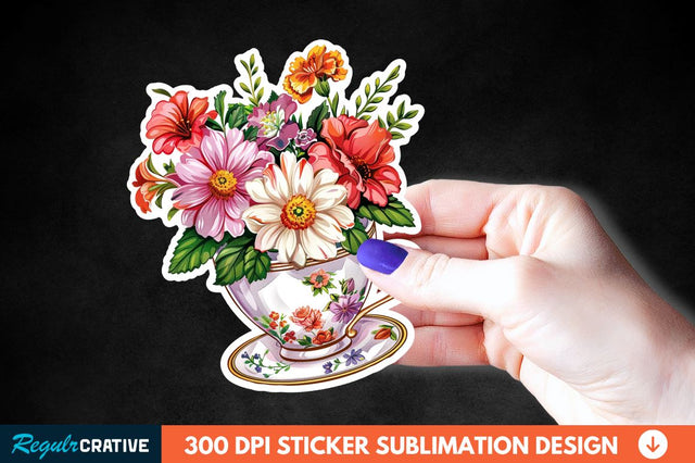Tea Cup Flower Sticker Clipart Sublimation Regulrcrative 
