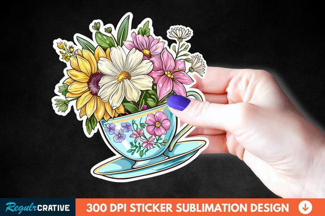 Tea Cup Flower Sticker Clipart Sublimation Regulrcrative 