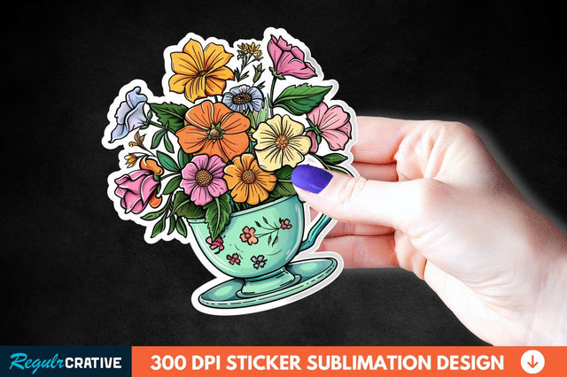 Tea Cup Flower Sticker Clipart Sublimation Regulrcrative 