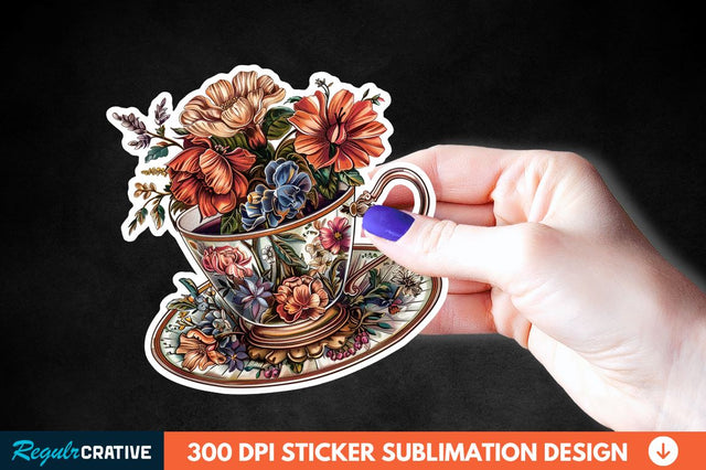 Tea Cup Flower Sticker Clipart Sublimation Regulrcrative 