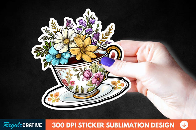 Tea Cup Flower Sticker Clipart Sublimation Regulrcrative 