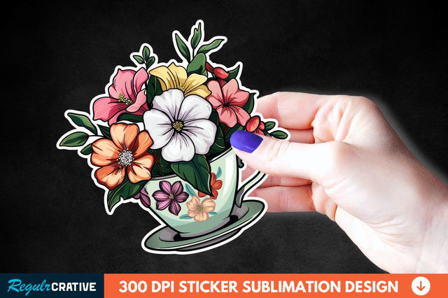 Tea Cup Flower Sticker Clipart Sublimation Regulrcrative 
