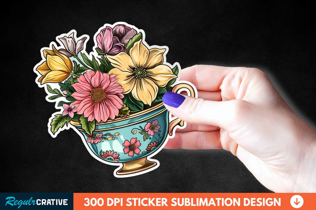 Tea Cup Flower Sticker Clipart Sublimation Regulrcrative 