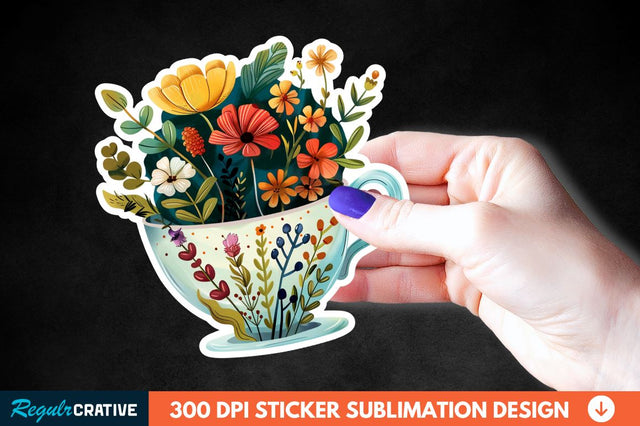 Tea Cup Flower Sticker Clipart Sublimation Regulrcrative 