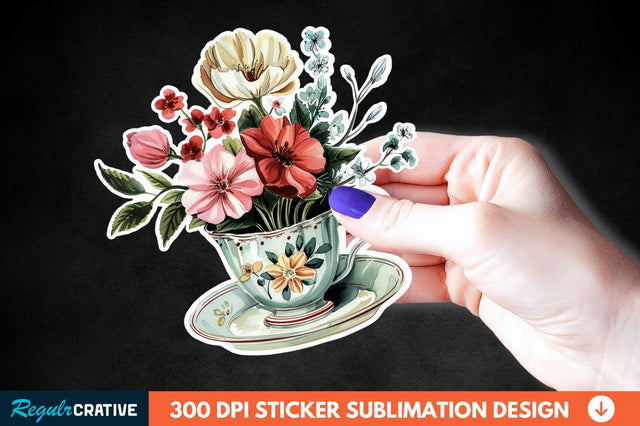 Tea Cup Flower Sticker Clipart Sublimation Regulrcrative 