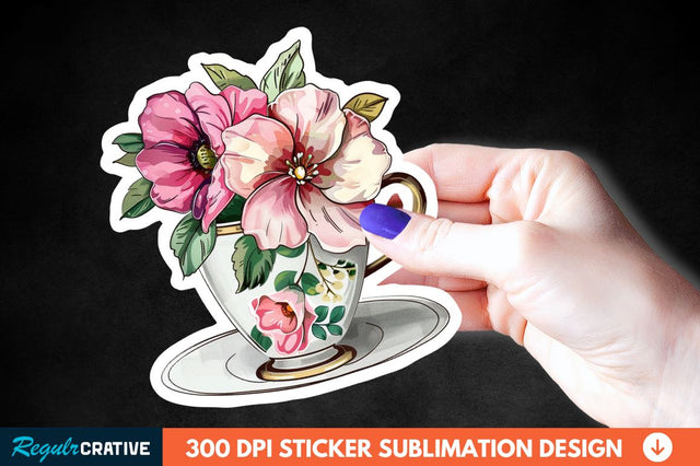 Tea Cup Flower Sticker Clipart Sublimation Regulrcrative 