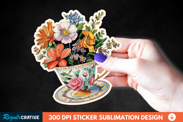 Tea Cup Flower Sticker Clipart Sublimation Regulrcrative 