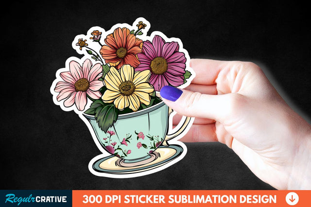 Tea Cup Flower Sticker Clipart Sublimation Regulrcrative 