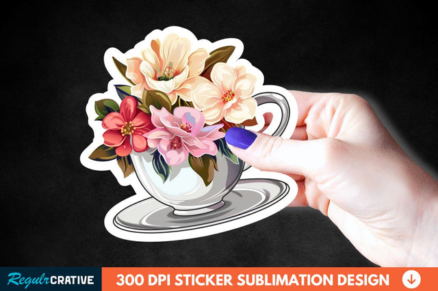 Tea Cup Flower Sticker Clipart Sublimation Regulrcrative 