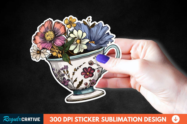 Tea Cup Flower Sticker Clipart Sublimation Regulrcrative 