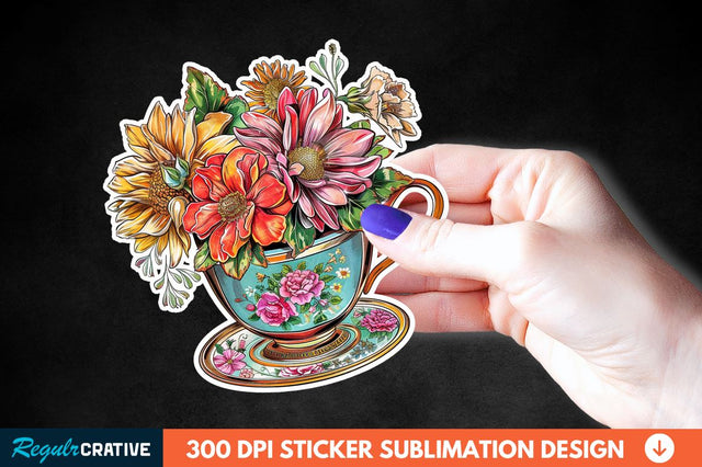 Tea Cup Flower Sticker Clipart Sublimation Regulrcrative 